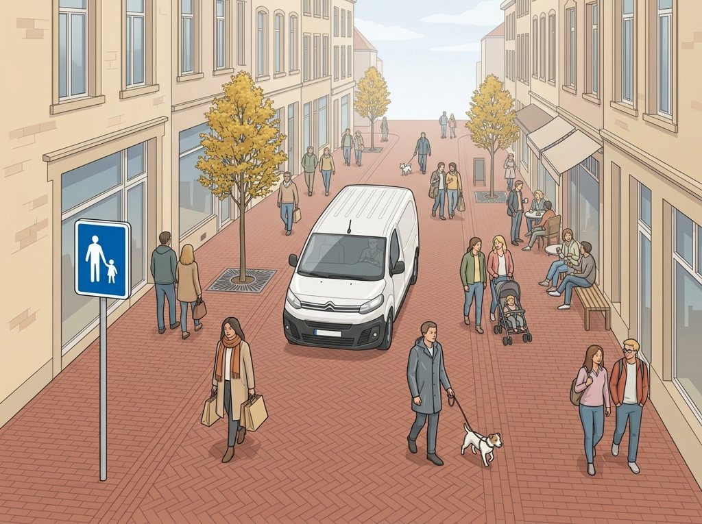 Pedestrian zone: walking pace, pedestrians first.