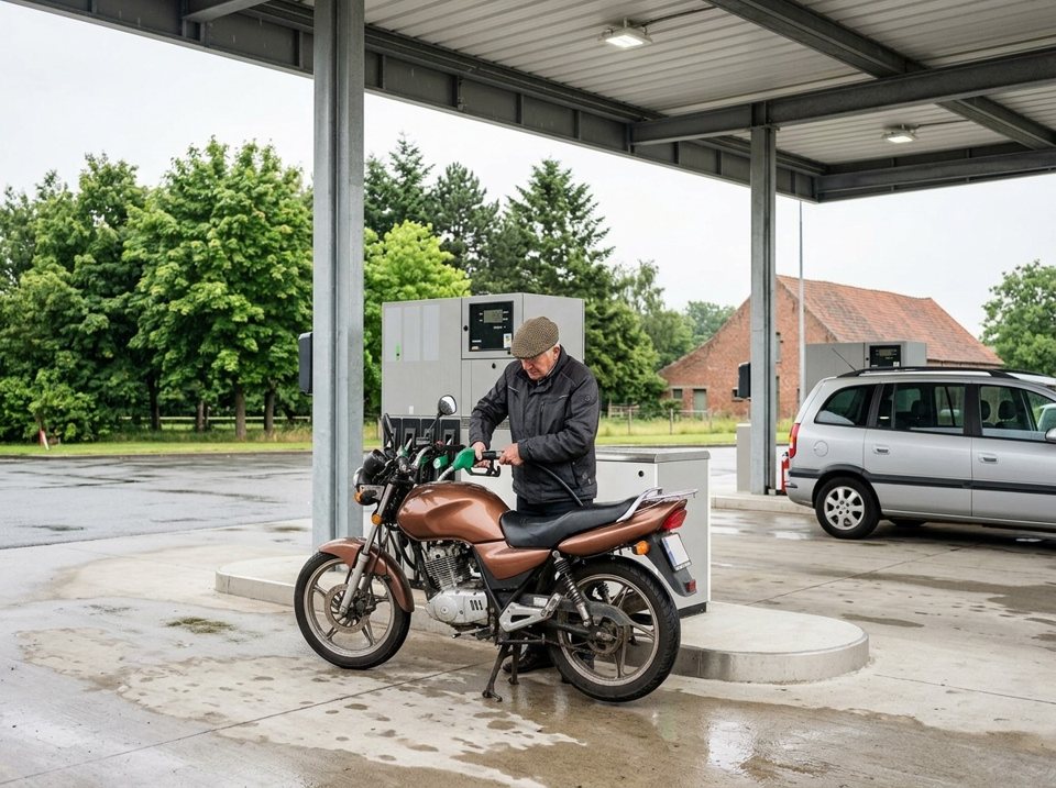A petrol station is a public area that you may only enter if you have a reason, such as refuelling this motorcycle. You are not allowed to drive through it simply as a shortcut.