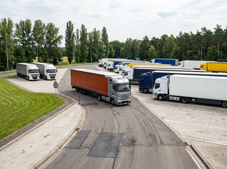 A dedicated truck parking area is a public area where vehicles may only enter when they actually need to park or rest. You are not allowed to use it simply as a shortcut.
