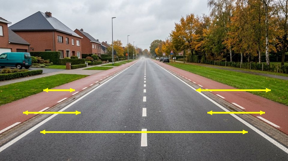 The public road comprises more than just the carriageway. The red cycle tracks and the grass verges on either side are also integral parts of the public road.