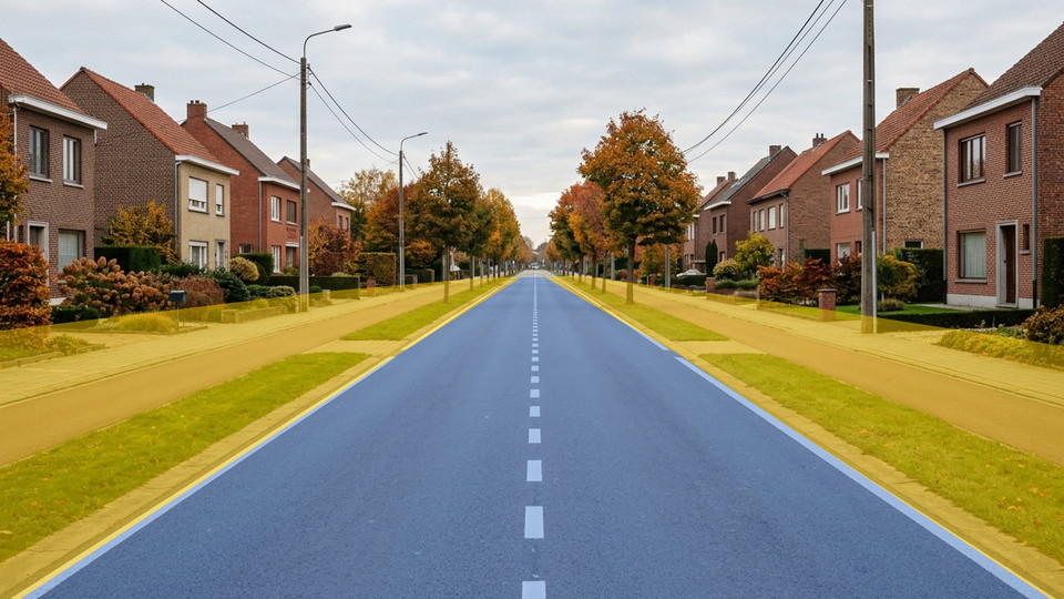 Het blauwe deel is de rijbaan. De gele delen aan beide kanten (fietspaden, grasbermen en voetpaden) horen ook bij de openbare weg.
