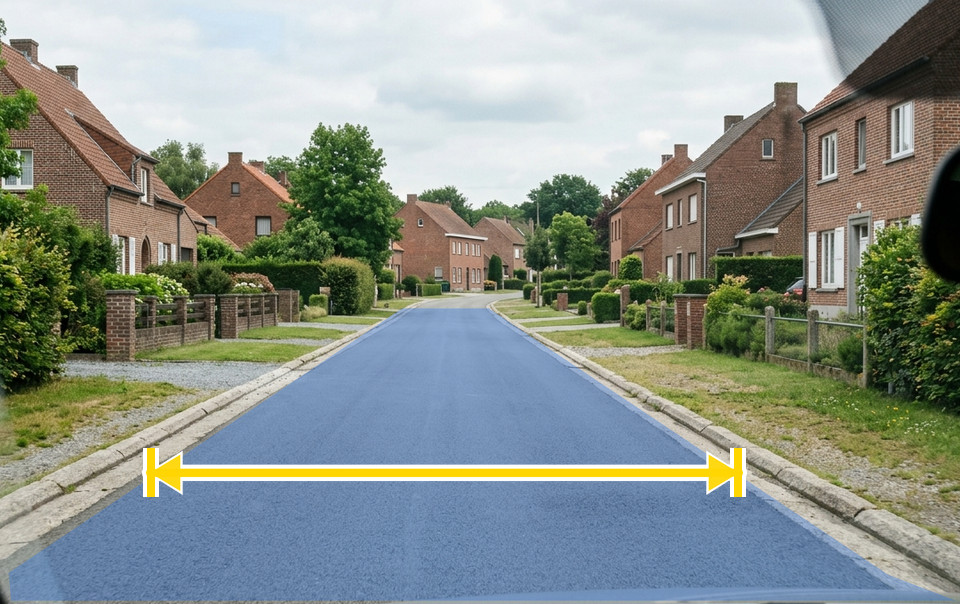 Het blauwe vlak is de rijbaan, het verharde deel van de openbare weg dat voor voertuigen bestemd is. De gele pijl meet het van stoeprand tot stoeprand.