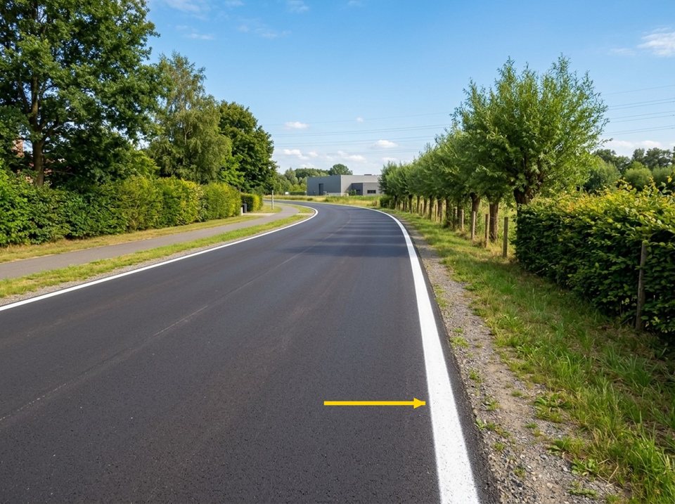The continuous white line painted along the road edge marks where the carriageway ends. It indicates the boundary of the carriageway and has no other legal meaning.