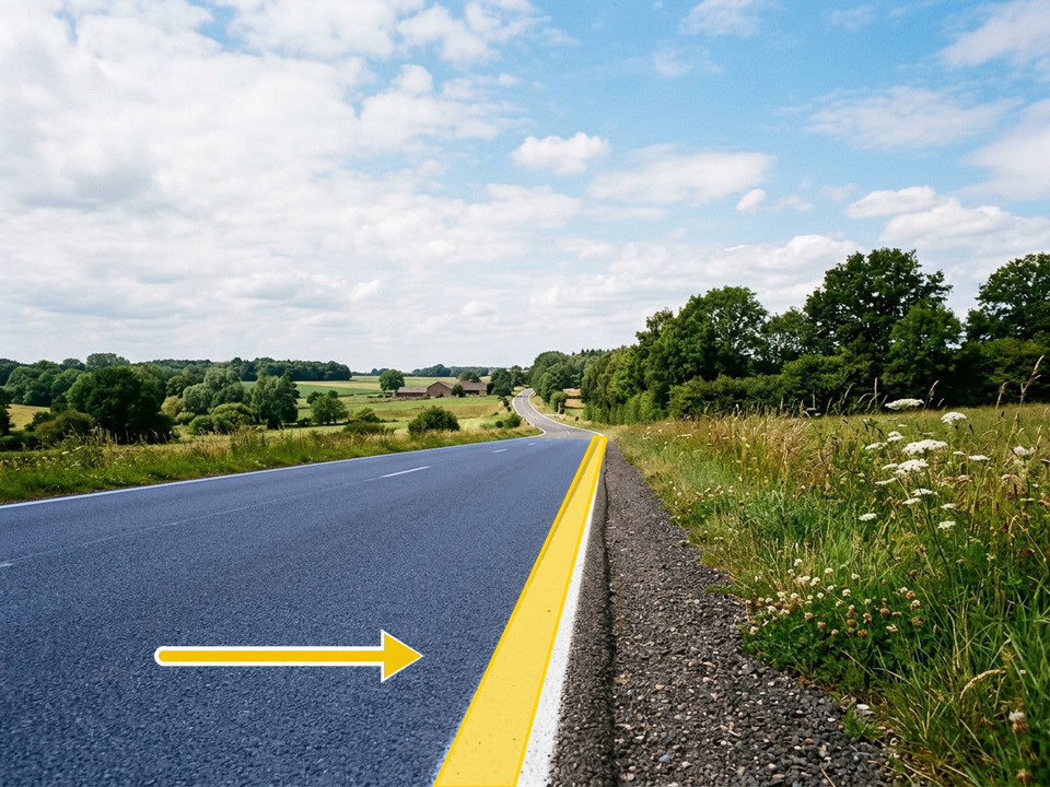 De ononderbroken witte lijn langs de rand van de weg (geel gemarkeerd) toont waar de rijbaan eindigt. Ze geeft de rand van de rijbaan aan en heeft geen andere juridische betekenis.