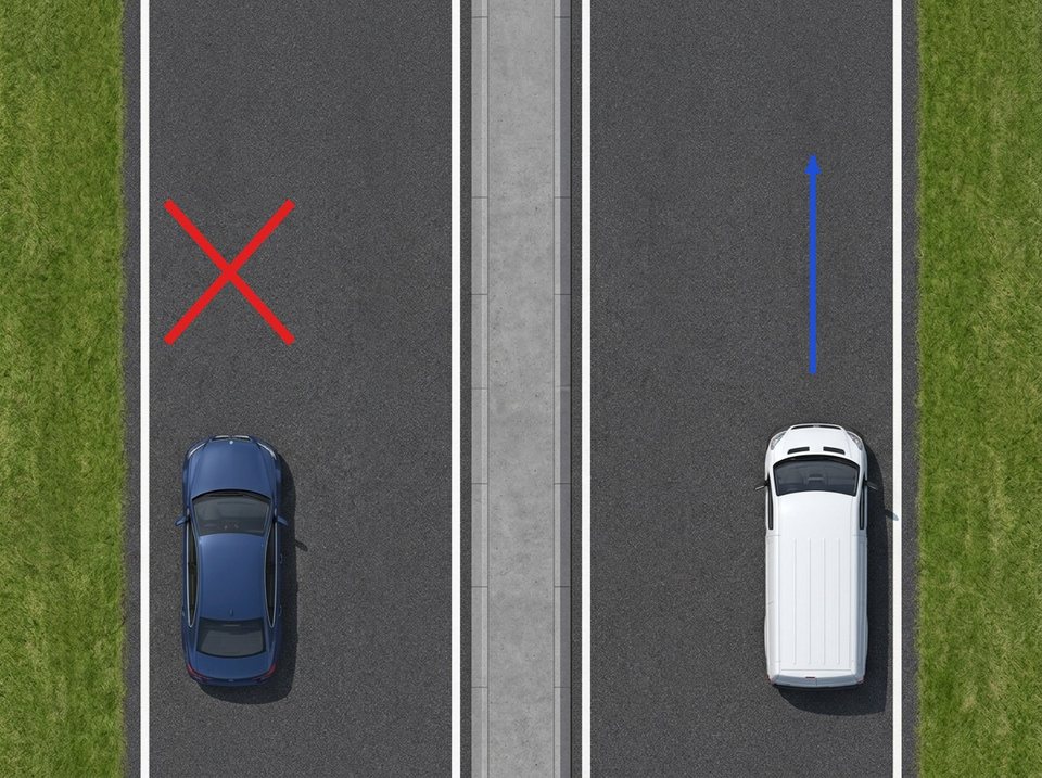 When a road has two clearly separated carriageways, drivers may not use the carriageway on the left in their direction of travel. The white panel van drives correctly on the right carriageway, while the dark blue sedan is not permitted there.