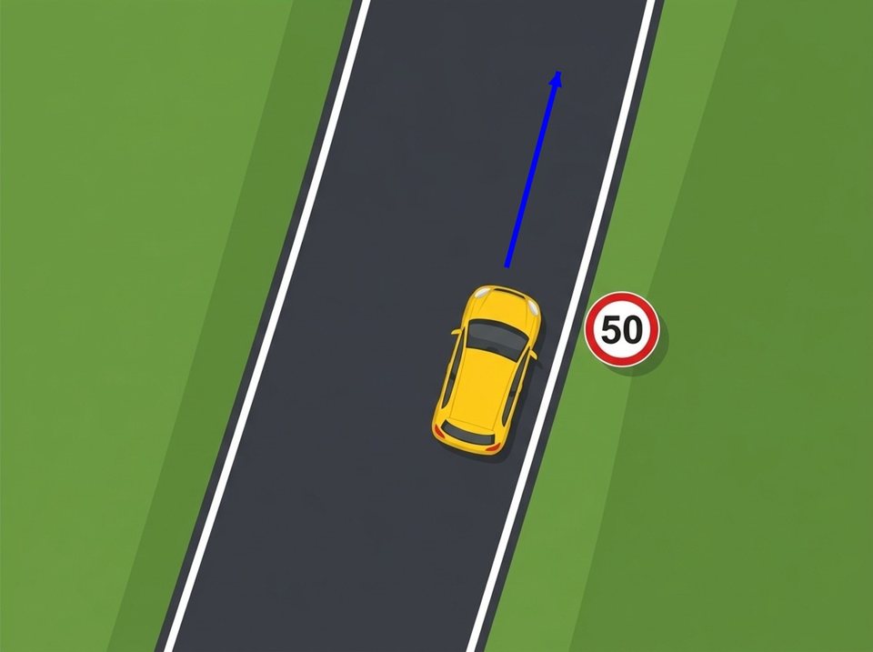 A yellow car drives on a carriageway past a 50 km/h speed limit sign. The normal maximum speed limit on a regular carriageway is 70 km/h in Flanders and Brussels, and 90 km/h in Wallonia.