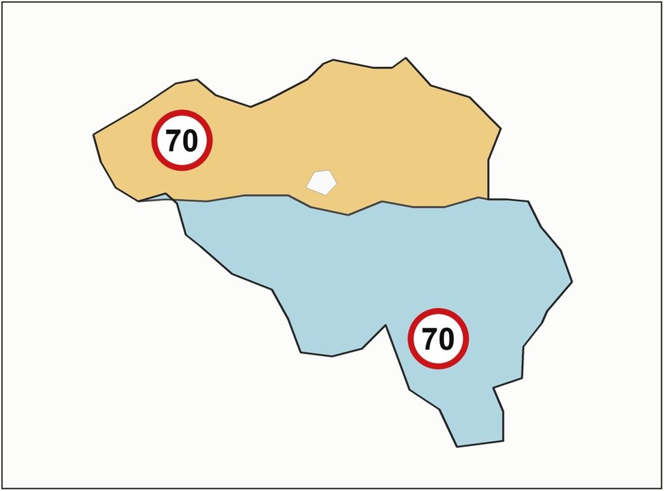 On a road with a central lane, the maximum permitted speed is 70 km/h across all Belgian regions.