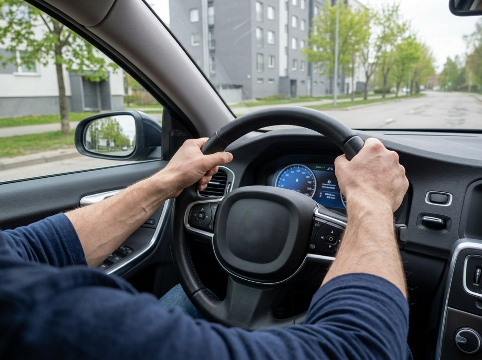 Hold the steering wheel with both hands at 'ten to two' or 'quarter to three'. Keep your arms slightly bent so you can make steering adjustments safely without removing your hands.