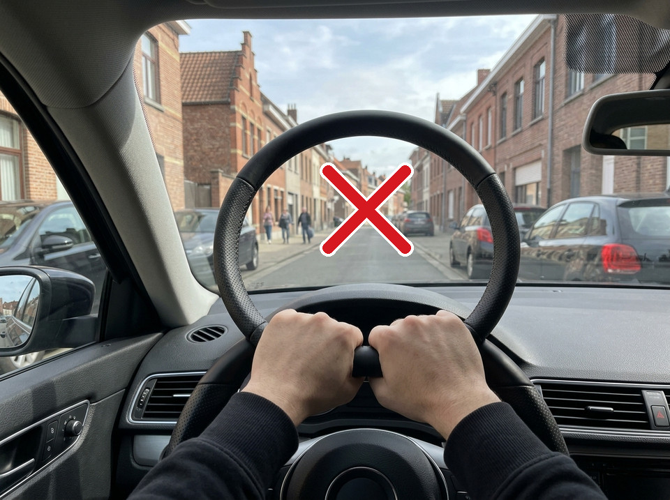 Tenir le volant par le bas, comme ici, est incorrect. Placez toujours les mains en position « 10 h 10 » ou « 9 h 15 », les bras légèrement fléchis, pour garder une bonne maîtrise du véhicule.