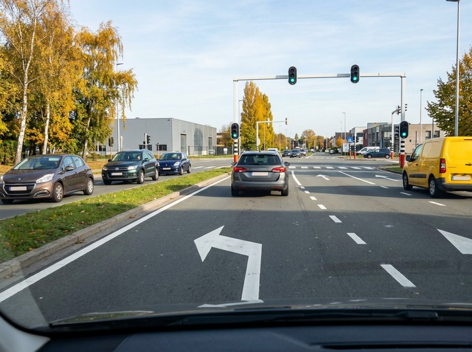 The painted arrow on the road surface shows the direction you must follow at the junction, meaning drivers in this lane must turn left.