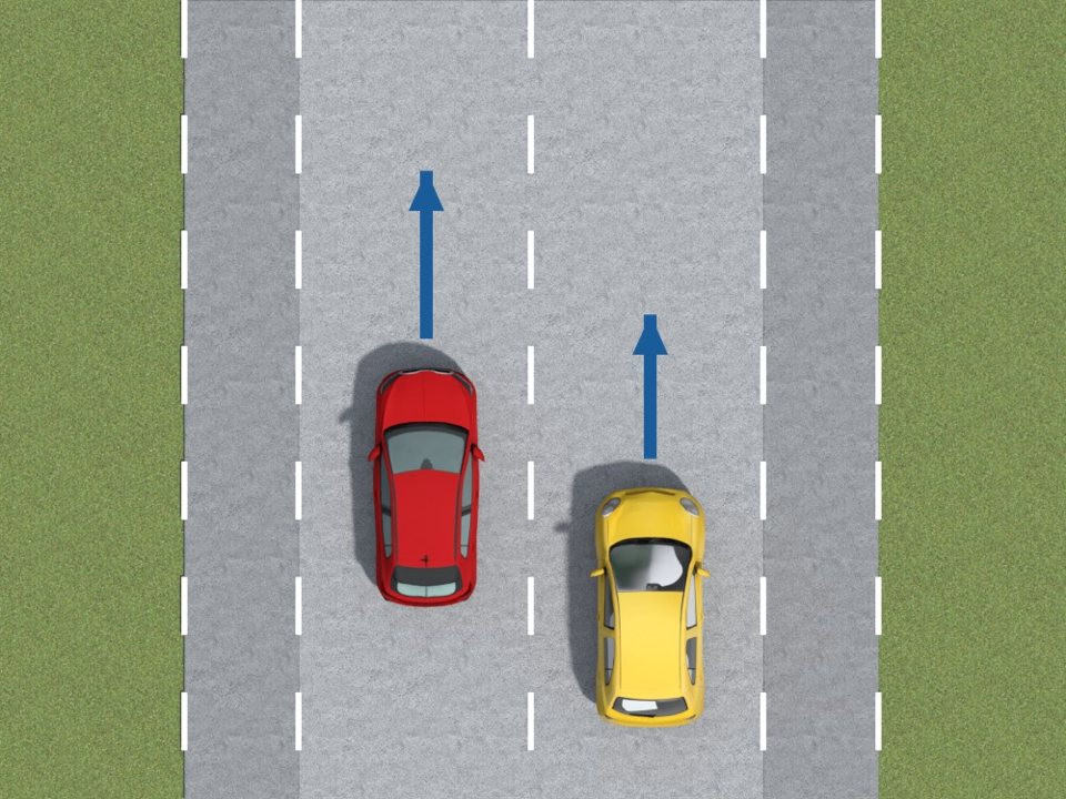 You may cross the broken white line to overtake when the vehicle ahead travels slower than the speed limit. Here, the faster bright red car uses the left lane to pass the slower yellow car.