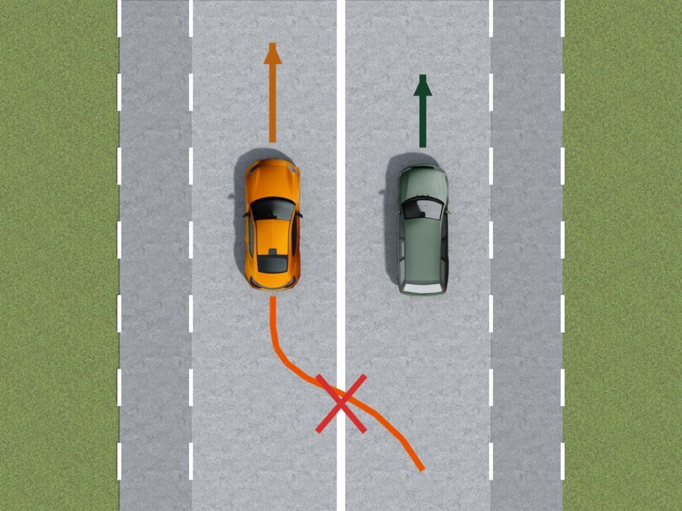 You are not allowed to drive over a continuous white line when overtaking another vehicle. Crossing the solid line to overtake the green car is not permitted.