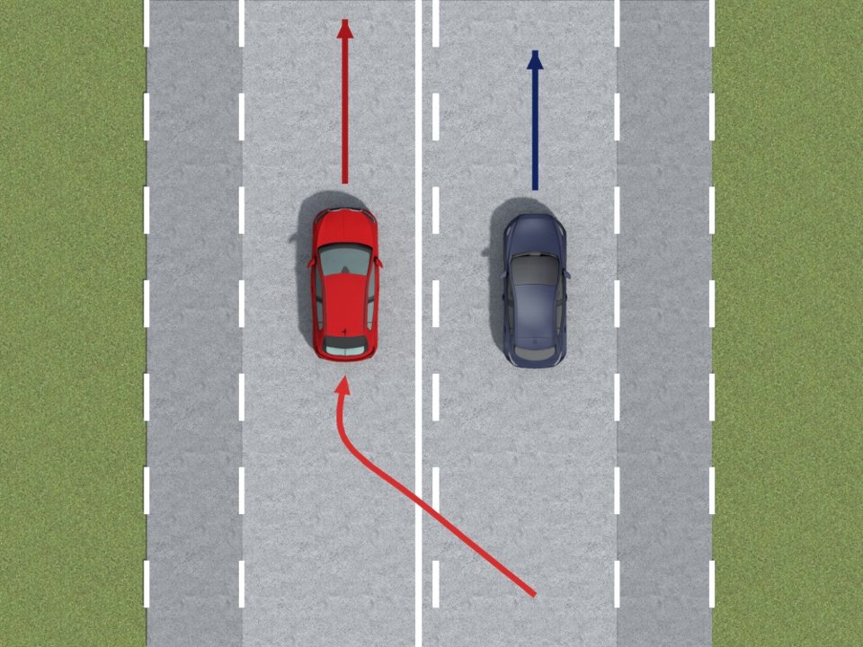 The dark blue car has the broken line on its side and may cross it to overtake. Once it has overtaken, the bright red car is allowed to cross the continuous white line to return to the right lane.