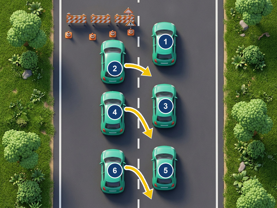 When a lane is closed and traffic is slow, cars merge like a zip, one from each side in turn. The teal cars take turns one by one, merging in order from 1 to 6.