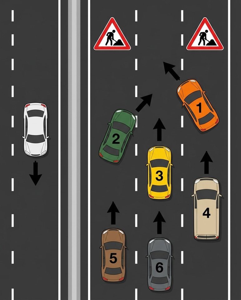 When both outer lanes are closed, drivers merge alternately into the open centre lane. Car 1 from the right lane merges first, followed by car 2 from the left, ahead of car 3.