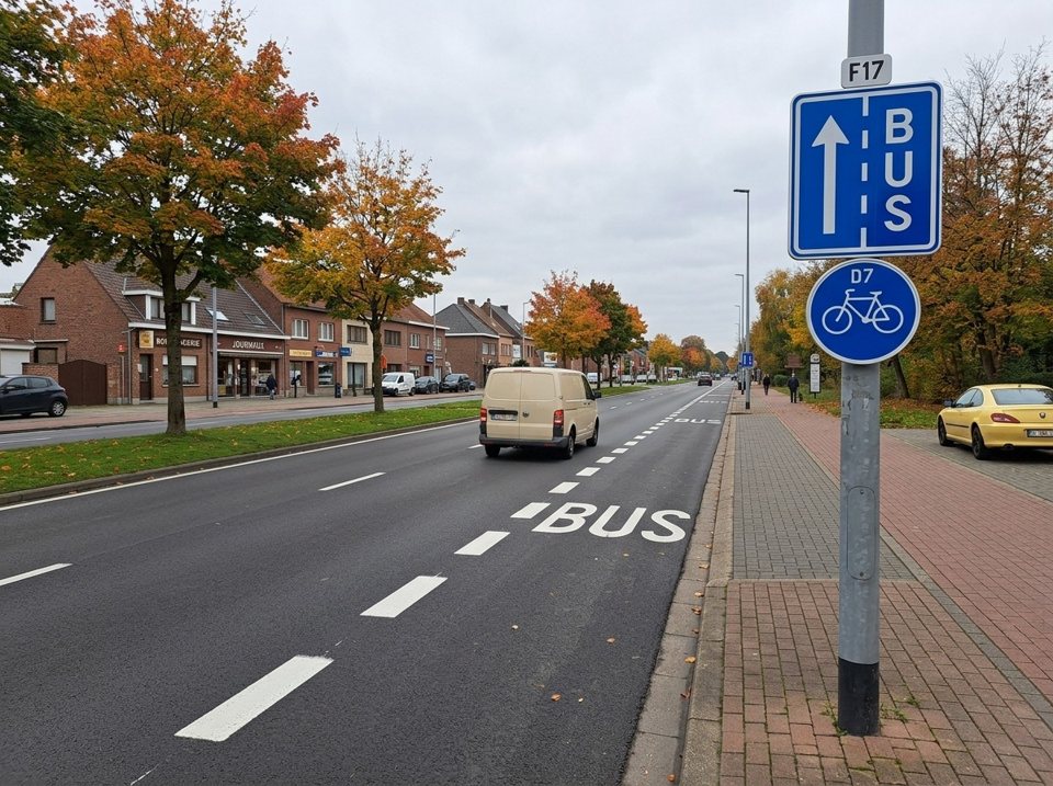 Sign F17 and wide broken lines mark a bus lane. Regular traffic, like the beige panel van, must stay in the other lanes and is not allowed to drive or park in the bus lane.