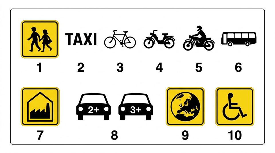 Symbols shown on an additional plate indicate who else may use a bus lane, such as taxis, bicycles, mopeds, motorcycles, or carpoolers.