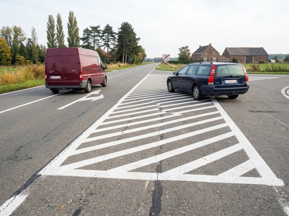 A dark blue estate car is on a traffic displacement area marked with slanted white lines. Driving, waiting, or parking on a gore is not allowed.
