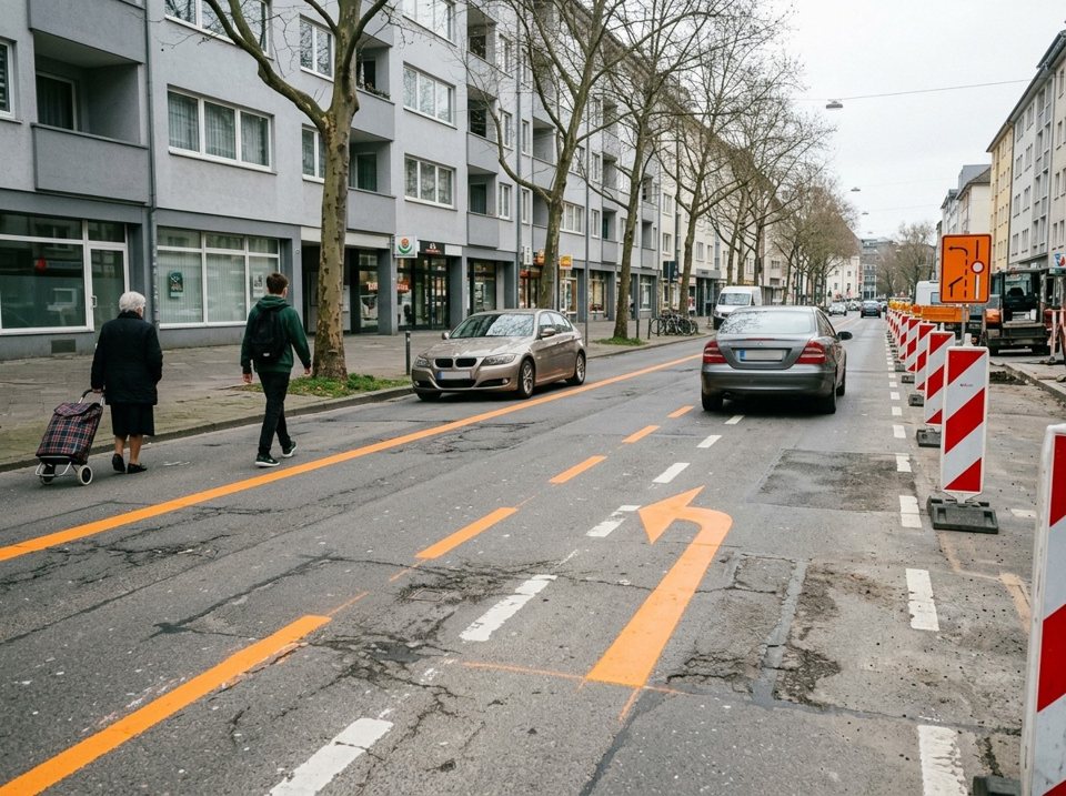 During road works, temporary orange lines override white markings. When both white and orange lines are present, drivers must follow only the temporary orange markings.