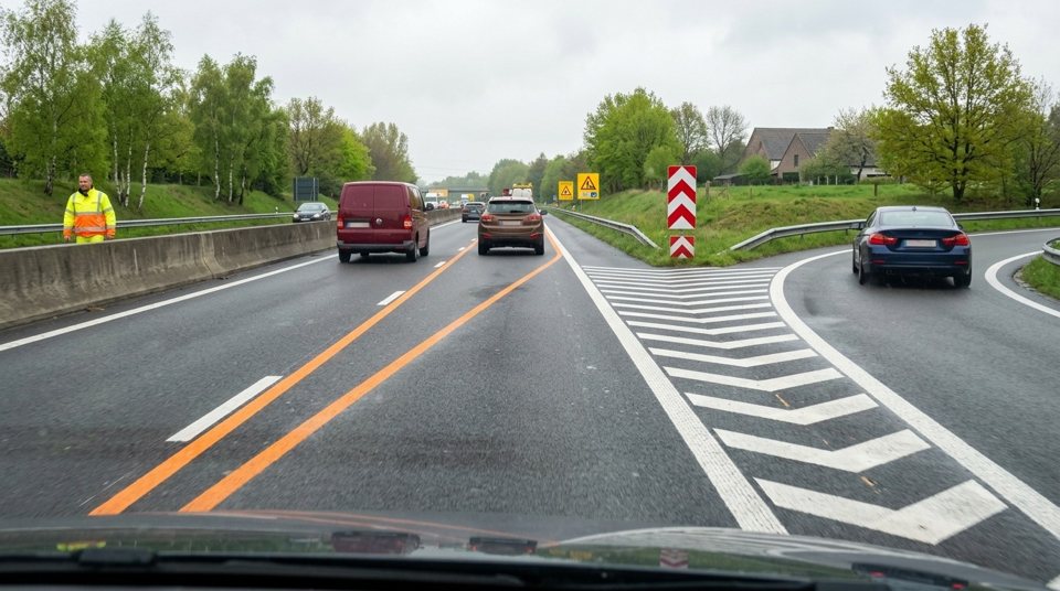 Follow only the temporary orange markings when both orange and white lines are present. You may drive across the white chevron marking because the orange lines guide traffic through the roadworks.