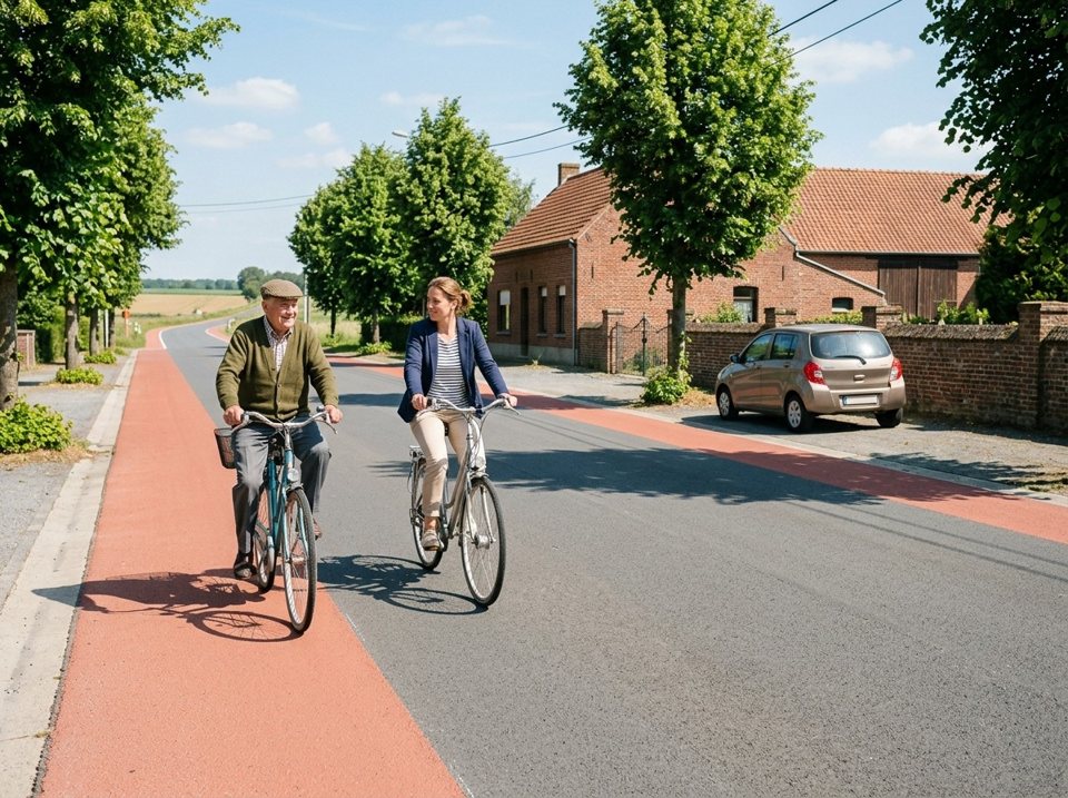 These red painted strips along the road are cycle suggestion lanes without white markings. They remain part of the carriageway, meaning motor vehicles are allowed to drive, stop, or park on them.