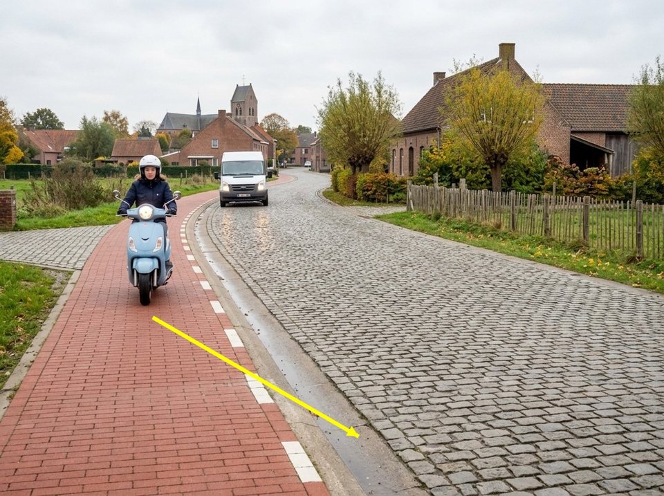 When a cycle lane ends and this blue scooter enters the cobbled carriageway, traffic on the road must give way. Stopping or parking is forbidden within five metres before and after the end of the cycle lane.
