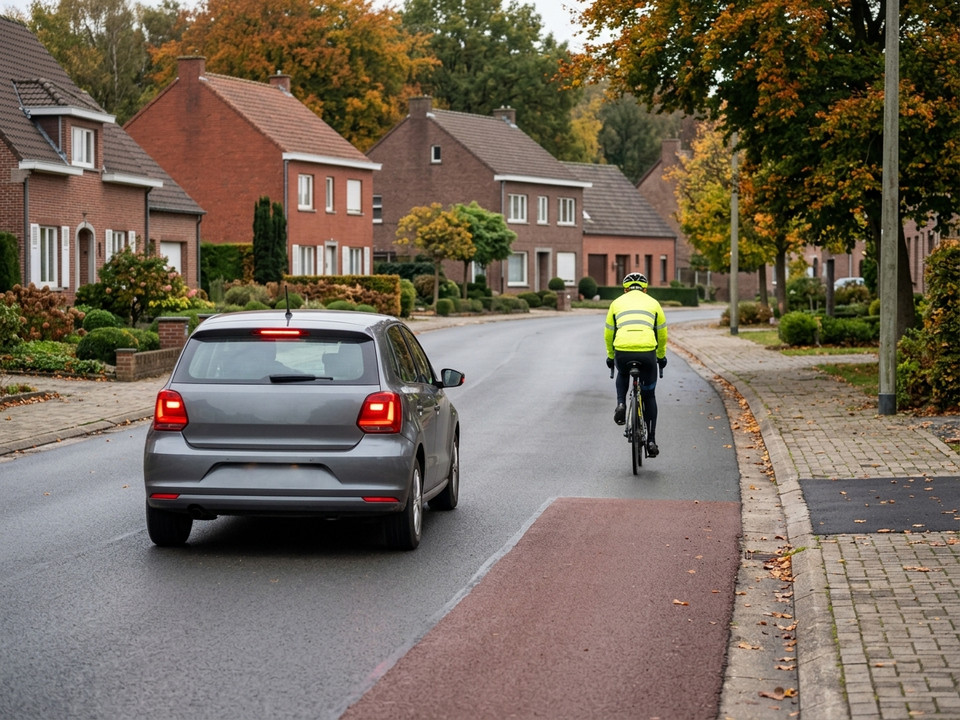 Der Radweg endet und der blaue Motorroller fährt auf die gepflasterte Fahrbahn: Der Verkehr auf der Fahrbahn muss ihm Vorfahrt gewähren. Halten und Parken sind bis fünf Meter vor und nach dem Ende des Radwegs verboten.