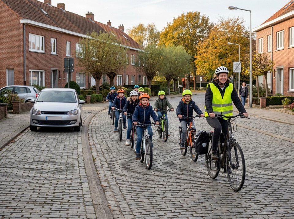 An adult in a yellow vest leads a group of children on bicycles along the street. Groups of cycling tourists have special rights on the road.