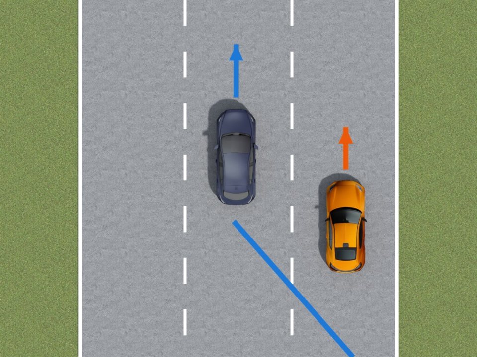 Drive on the right lane as much as possible. If the orange car drives slower than the maximum speed limit, the dark blue car is allowed to overtake on the left.