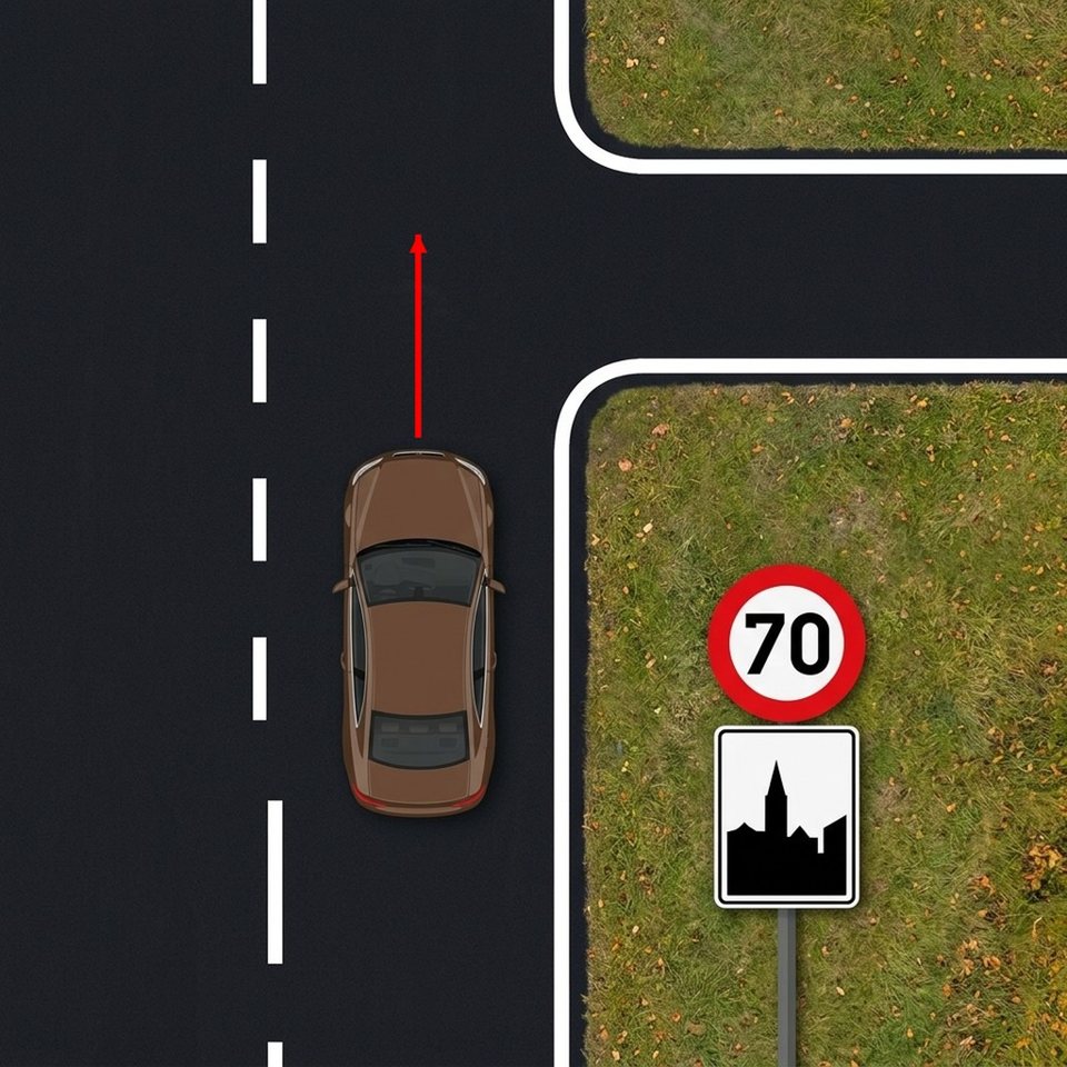 When a 70 km/h sign is placed above the start of a built-up area sign, the brown car is permitted to drive up to 70 km/h until the next junction.