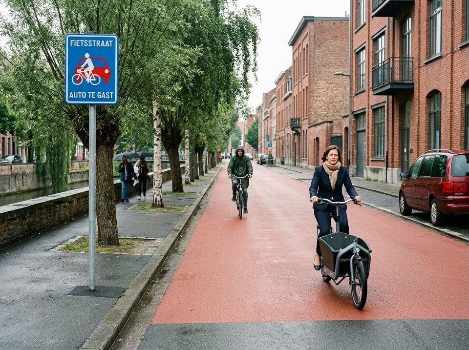 In this bicycle street, marked with the blue sign, motor vehicles are treated as guests: they may not overtake the cyclists and their speed is capped at 30 km/h.