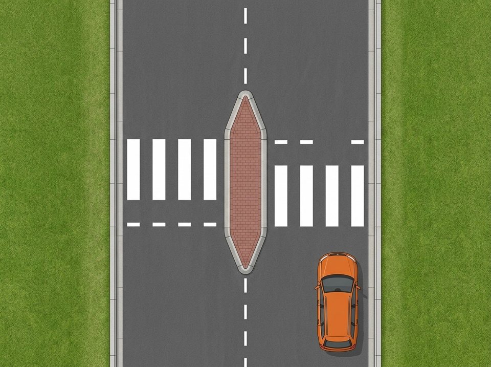A winged pedestrian crossing is designed to make crossing safer and improve visibility, particularly for truck drivers sitting higher up. An orange estate car is shown approaching the crossing.