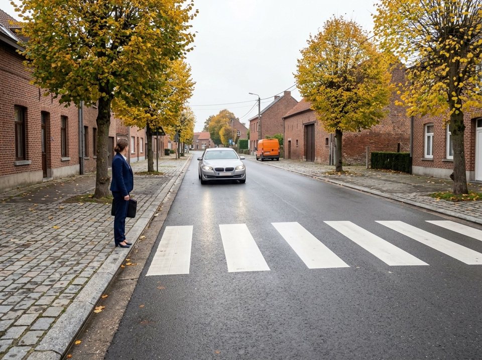 The approaching silver saloon must slow down and give priority to the pedestrian waiting at the edge of the zebra crossing who intends to cross.