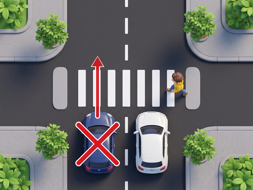 You may not overtake on the left a driver who slows down or stops in front of a zebra crossing. What the driver of the blue car is doing, passing the stopped white car, is strictly forbidden.
