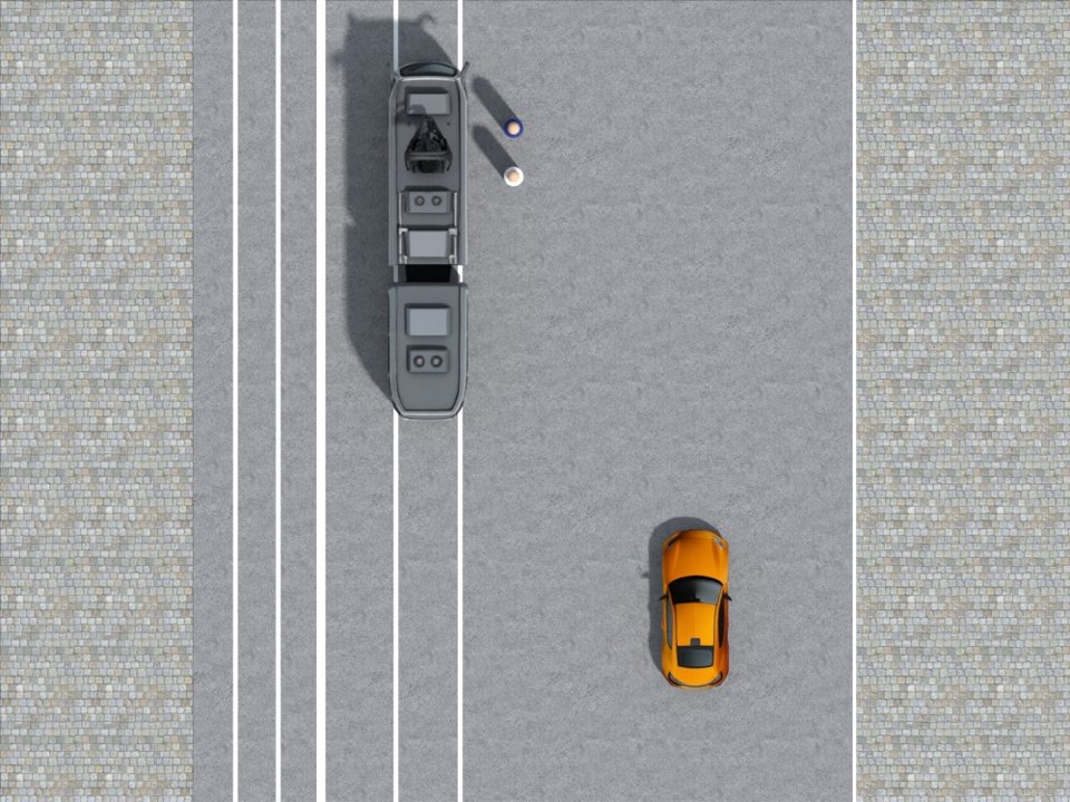 Because the tram stops on the carriageway without a boarding island, the orange car must stop to allow passengers to cross the roadway safely.