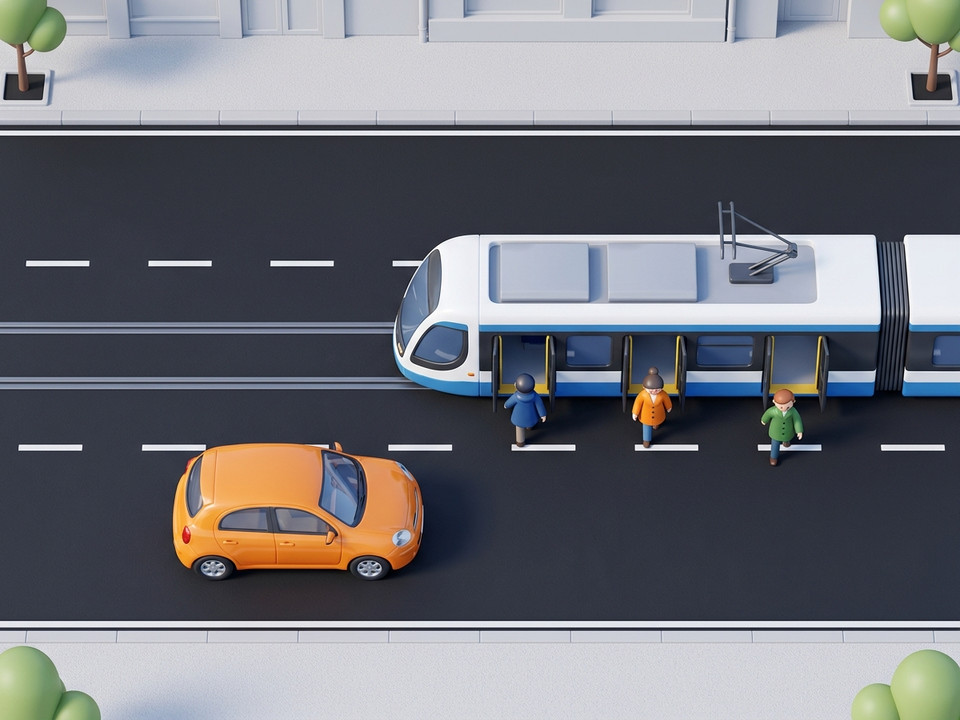 Comme le tram s'arrête sur la chaussée et qu'il n'y a pas de refuge, la voiture orange doit s'arrêter pour permettre aux voyageurs de traverser la chaussée en toute sécurité.