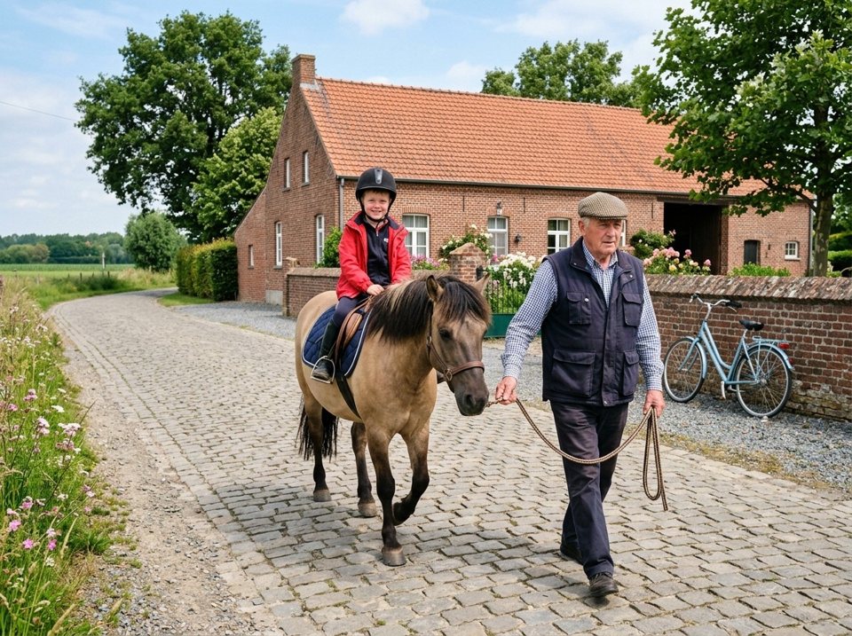 A person accompanying draft animals, farm animals, or horses on the public road is also considered a driver. For example, this man accompanying a young rider is a driver.