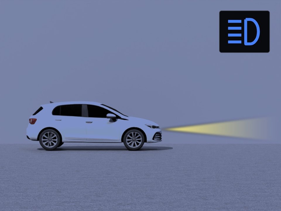 Driving lamps or headlights are also called the main beam, used to see clearly and be seen. The inset shows the blue main beam symbol.