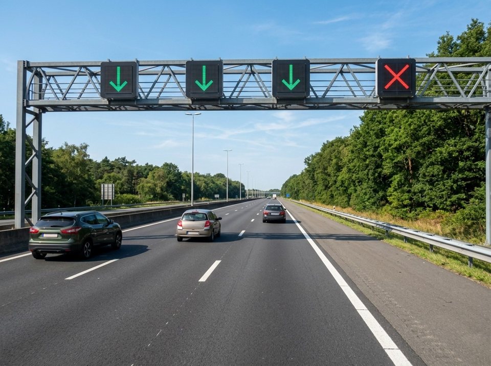 Des signaux et des flèches sont affichés au-dessus des bandes de circulation de cette autoroute.