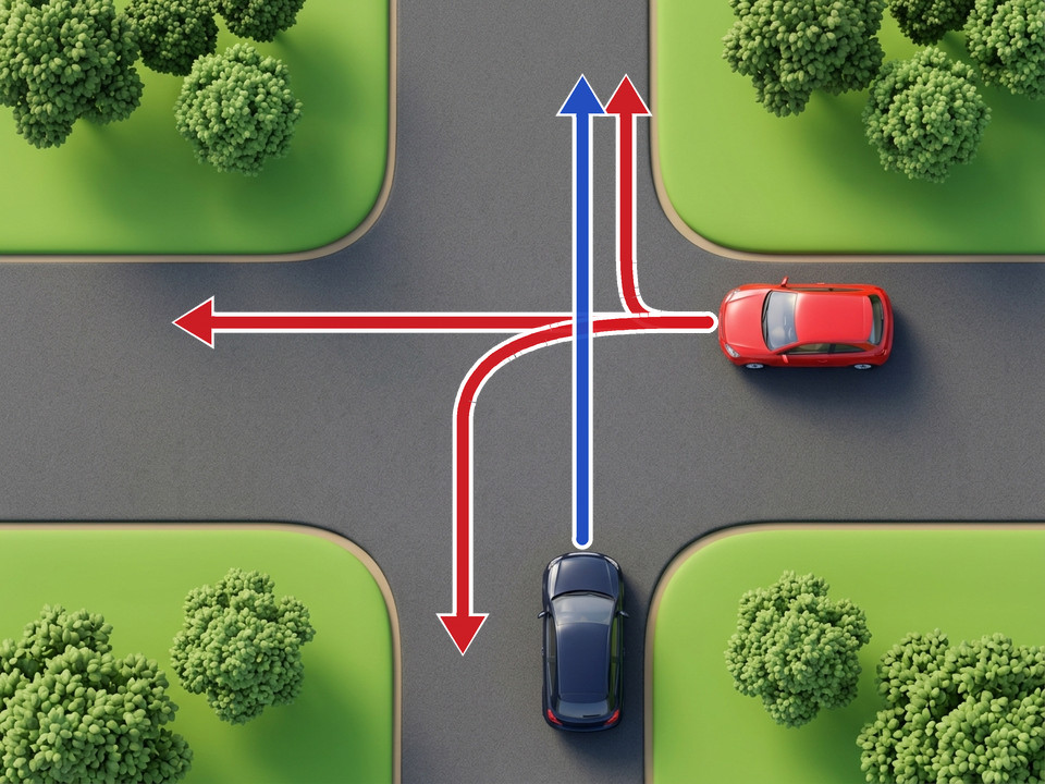 La voiture rouge vif qui vient de droite a la priorité à ce carrefour, qu'elle continue tout droit, tourne à gauche ou tourne à droite. La voiture bleu foncé doit lui céder le passage.