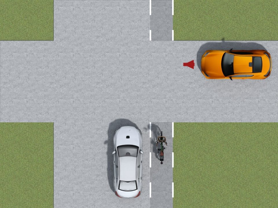 At this junction with no priority signs, the orange car coming from the right has priority over both the white car and the two-wheeler on the cycle lane.
