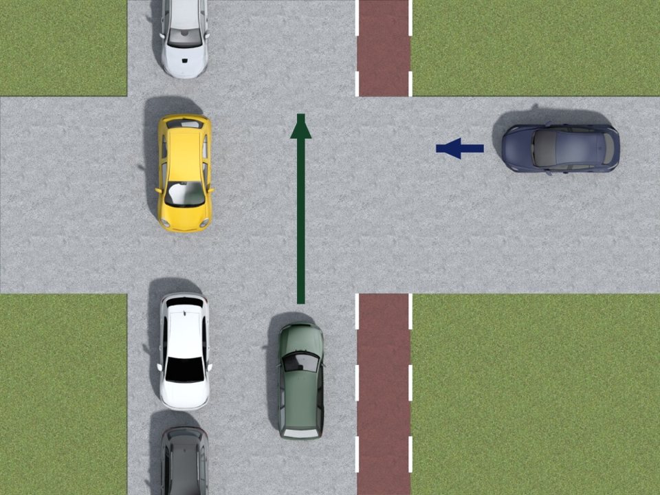 The dark blue car on the right has priority, but it cannot cross because a line of cars blocks its path. The dark green car does not have to wait needlessly and may proceed.
