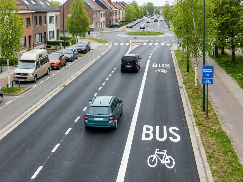 Regular vehicles, such as the teal car, may not drive, stop, or park on the bus lane on the right. Drivers may only enter it in the final metres before an intersection to sort for a turn.