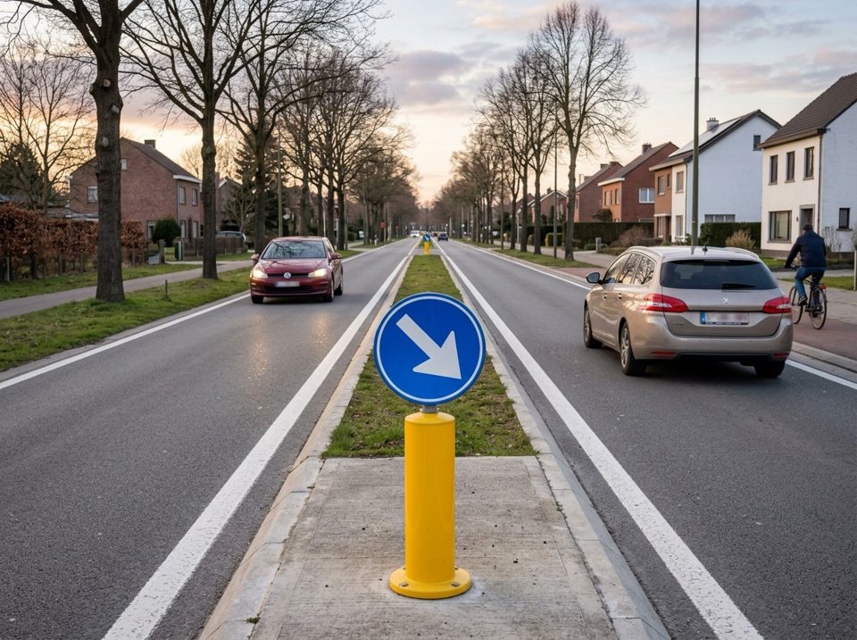 The slanting white arrow on the yellow bollard obliges drivers to pass the traffic island on the right side.