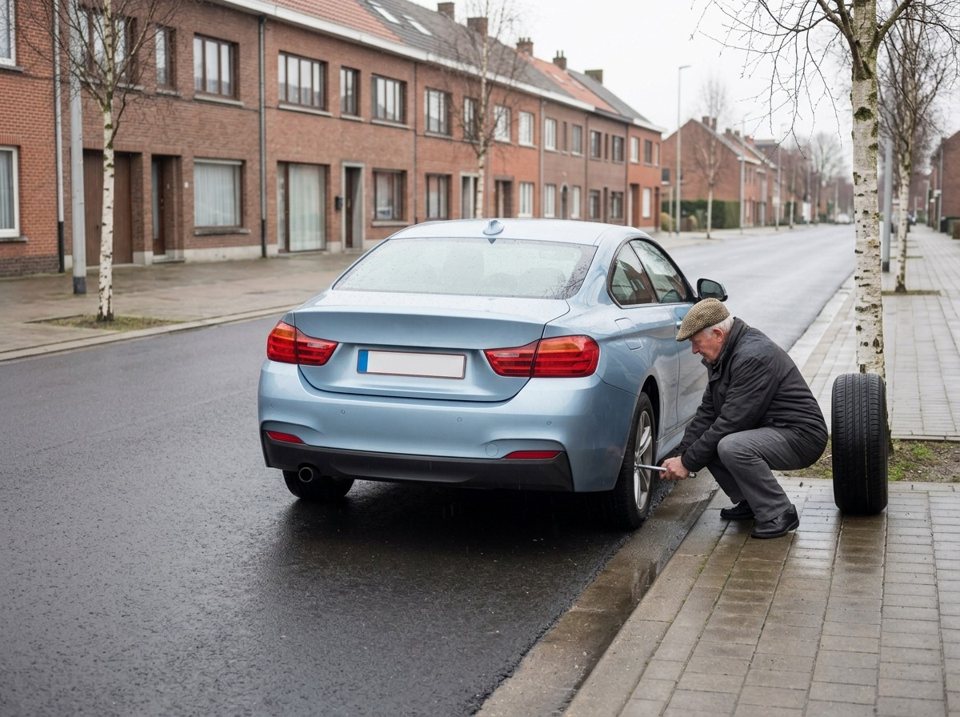 A broken-down car having a tyre changed is a defective vehicle rather than a parked vehicle. Traffic signs concerning waiting and parking do not apply, but if it cannot be parked safely, it must be marked with a warning triangle.