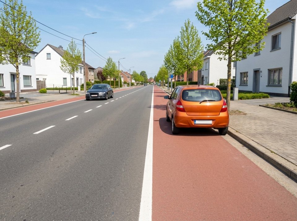 Auf einem Radweg dürfen Sie weder halten noch parken. Das orangefarbene Auto parkt auf dem Radweg, und das ist verboten.