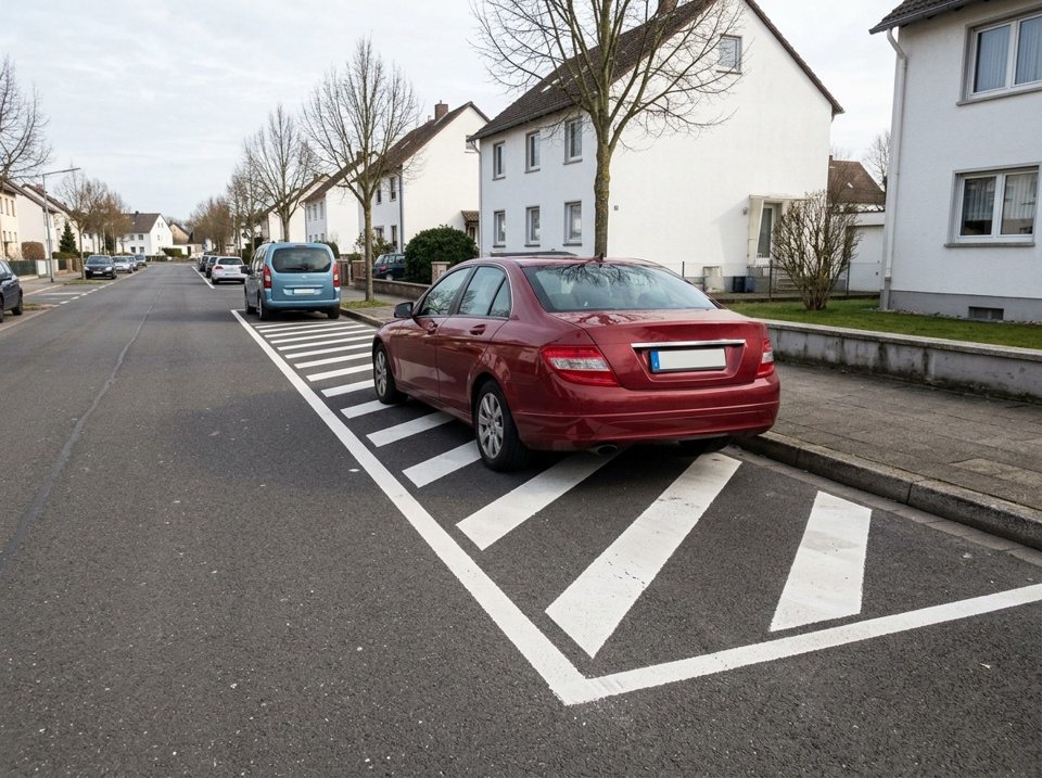 Halten oder Parken auf einer Sperrfläche mit weißen Schrägstreifen ist verboten. Das bordeauxrote Auto parkt verbotenerweise auf dieser Sperrfläche.