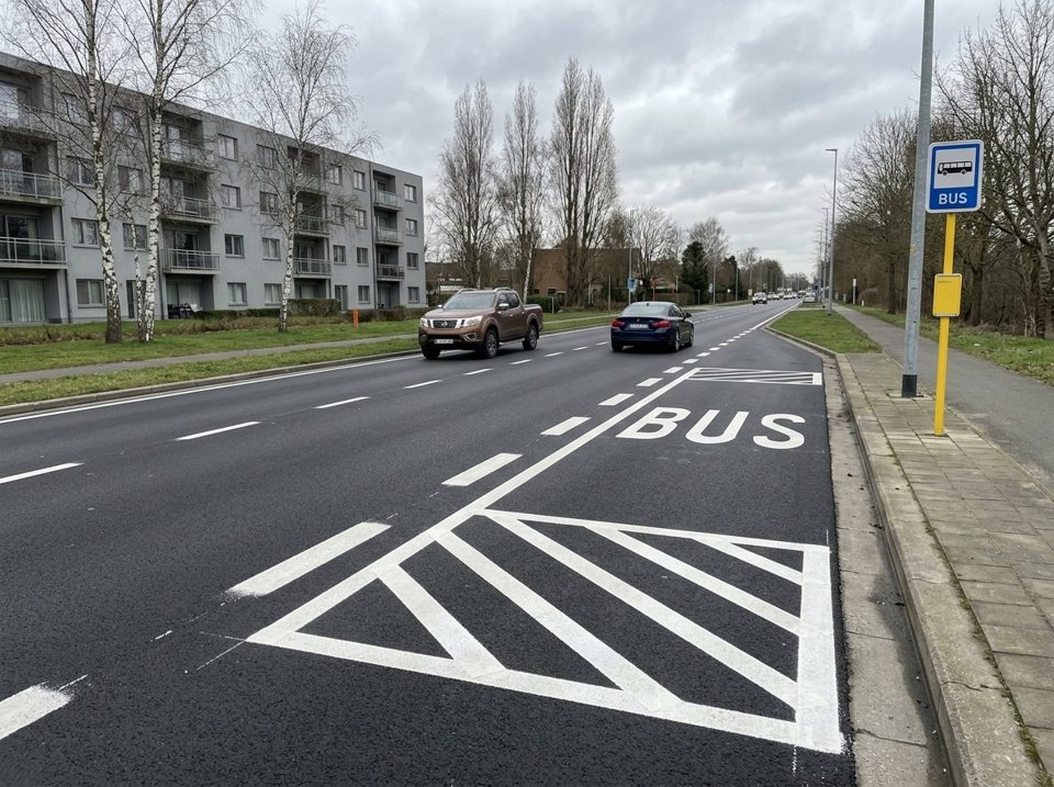 Auf der Fahrbahnmarkierung, die neben dem Schild die Bushaltestelle anzeigt, ist das Parken verboten. Sie dürfen dort halten, um jemanden ein- oder aussteigen zu lassen.